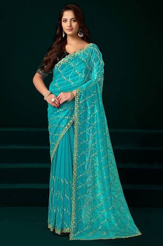 Sky blue embroidered embellished bollywood net saree with blouse