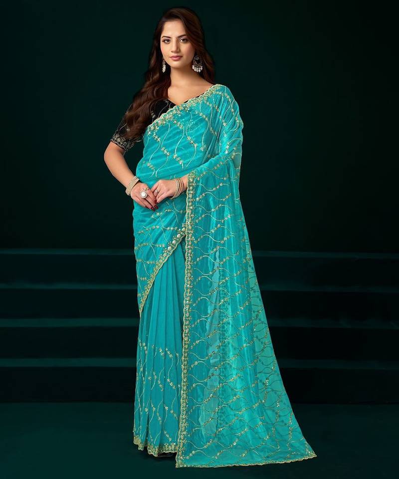 Sky blue embroidered embellished bollywood net saree with blouse
