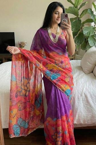 Purple Color butterfly digital print with cutdana moti Work Silk Saree
