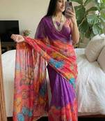 Purple Color butterfly digital print with cutdana moti Work Silk Saree