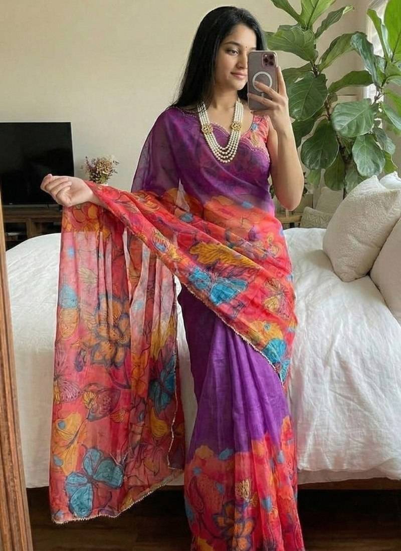 Purple Color butterfly digital print with cutdana moti Work Silk Saree