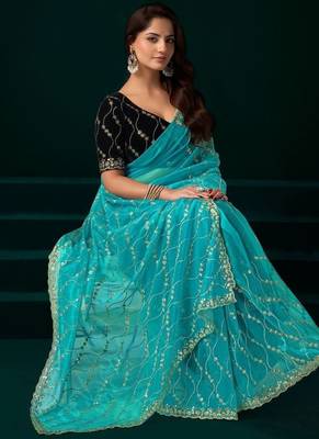 Sky blue embroidered embellished bollywood net saree with blouse 2