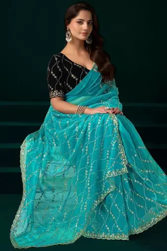 Sky blue embroidered embellished bollywood net saree with blouse