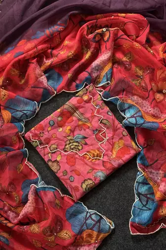 Purple Color butterfly digital print with cutdana moti Work Silk Saree