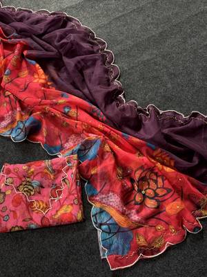 Purple Color butterfly digital print with cutdana moti Work Silk Saree 3