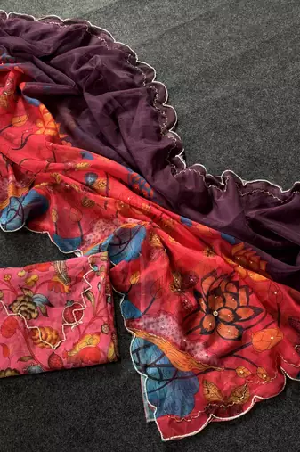 Purple Color butterfly digital print with cutdana moti Work Silk Saree