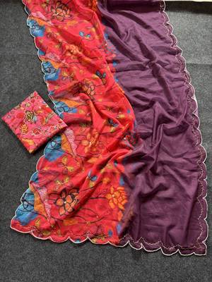 Purple Color butterfly digital print with cutdana moti Work Silk Saree 4
