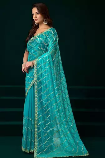 Sky blue embroidered embellished bollywood net saree with blouse