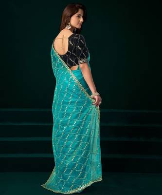 Sky blue embroidered embellished bollywood net saree with blouse 4