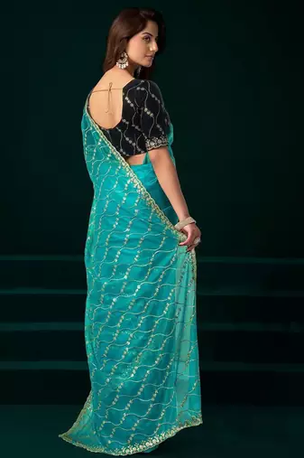 Sky blue embroidered embellished bollywood net saree with blouse