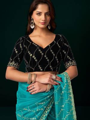 Sky blue embroidered embellished bollywood net saree with blouse 5