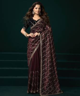 Wine embroidered embellished bollywood net saree with blouse 1