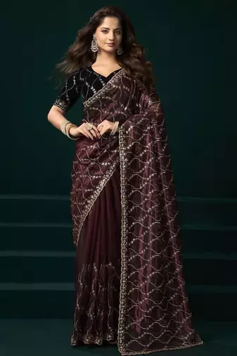 Wine embroidered embellished bollywood net saree with blouse