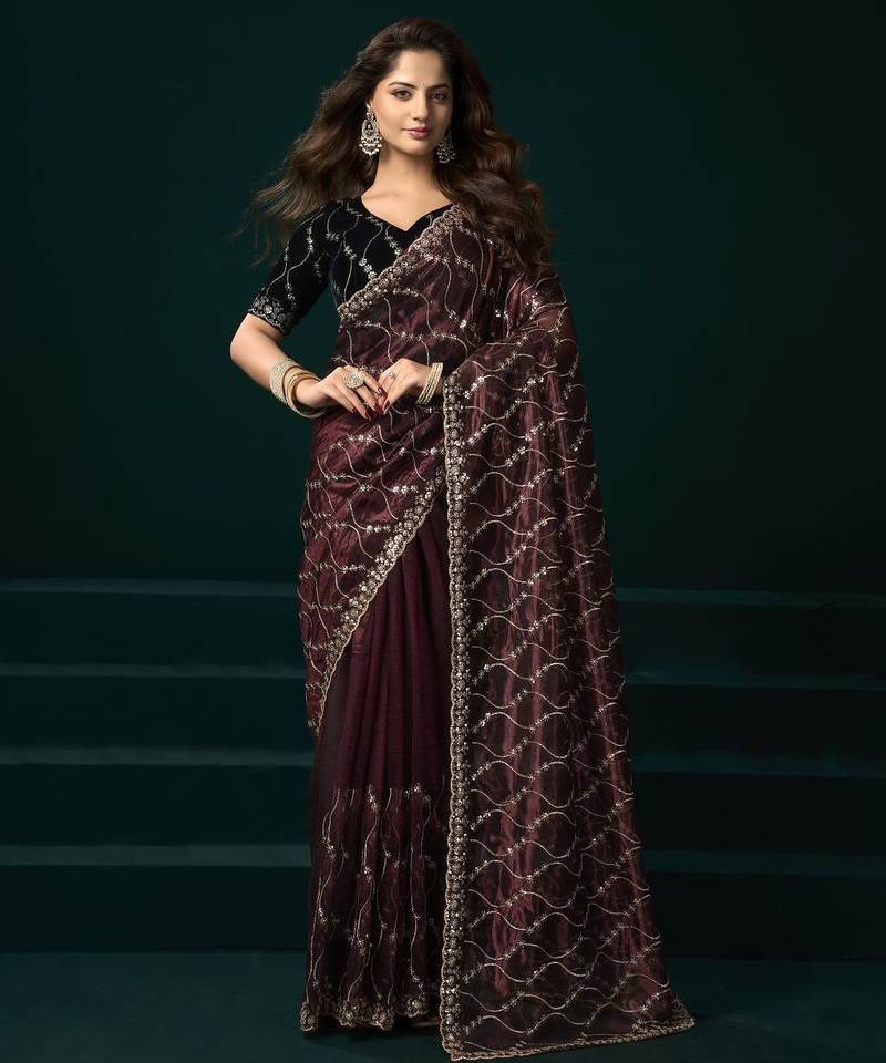 Wine embroidered embellished bollywood net saree with blouse