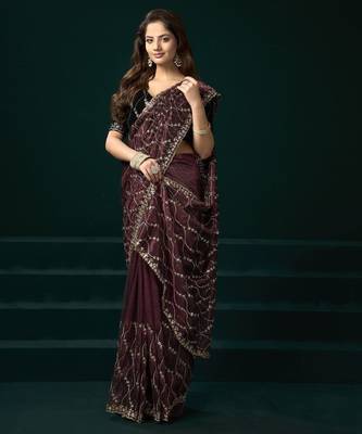 Wine embroidered embellished bollywood net saree with blouse 2