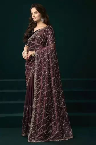 Wine embroidered embellished bollywood net saree with blouse