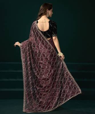 Wine embroidered embellished bollywood net saree with blouse 4