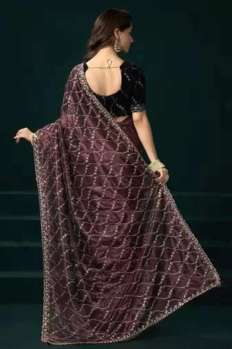 Wine embroidered embellished bollywood net saree with blouse