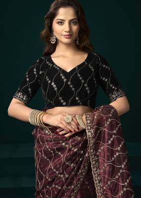 Wine embroidered embellished bollywood net saree with blouse 5