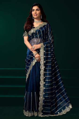 Blue embroidered embellished bollywood net saree with blouse