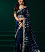 Blue embroidered embellished bollywood net saree with blouse