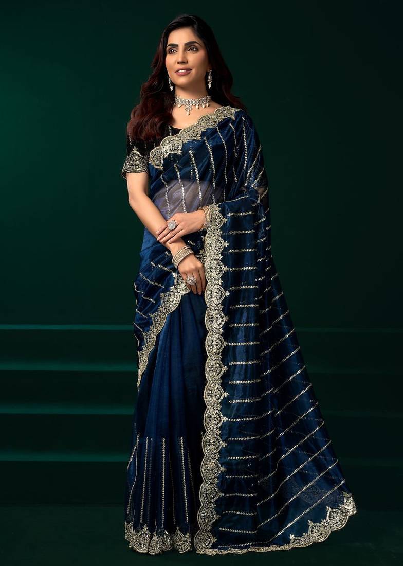 Blue embroidered embellished bollywood net saree with blouse