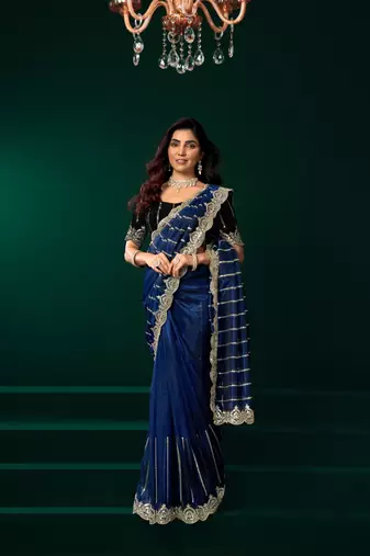 Blue embroidered embellished bollywood net saree with blouse