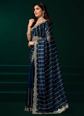 Blue embroidered embellished bollywood net saree with blouse 3
