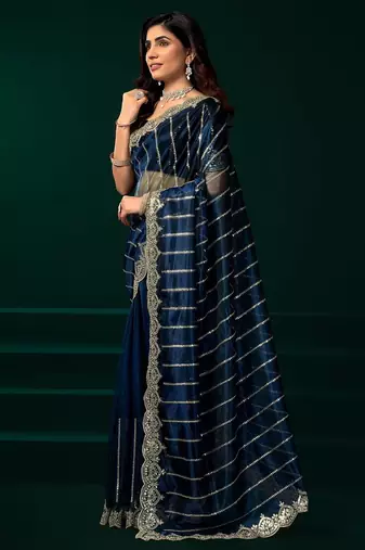 Blue embroidered embellished bollywood net saree with blouse