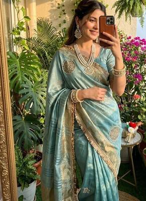 Sky Blue Color weaving jacquard border and sequence lace border Satin saree 1