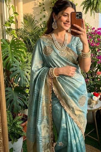Sky Blue Color weaving jacquard border and sequence lace border Satin saree