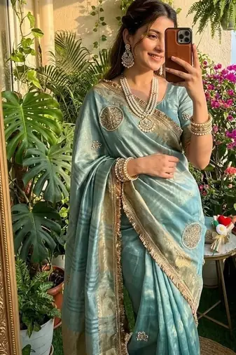 Sky Blue Color weaving jacquard border and sequence lace border Satin saree