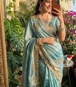 Sky Blue Color weaving jacquard border and sequence lace border Satin saree
