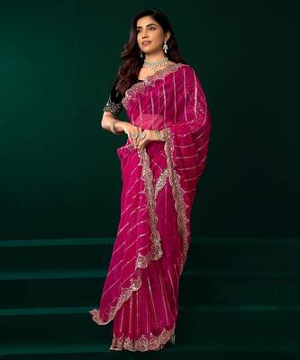 Dark pink embroidered embellished bollywood net saree with blouse 2