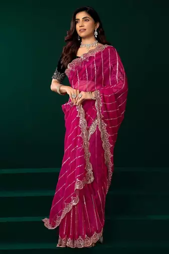 Dark pink embroidered embellished bollywood net saree with blouse