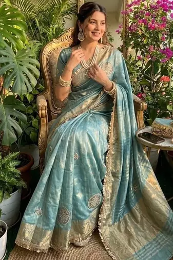 Sky Blue Color weaving jacquard border and sequence lace border Satin saree