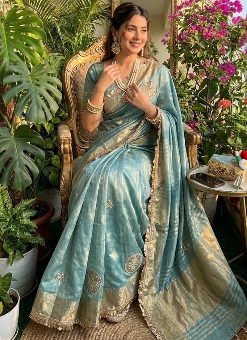 Sky Blue Color weaving jacquard border and sequence lace border Satin saree