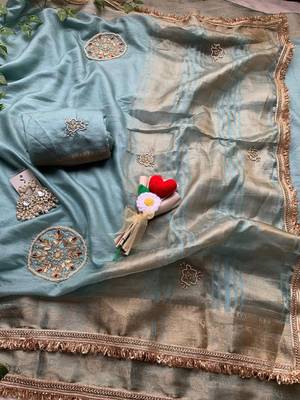 Sky Blue Color weaving jacquard border and sequence lace border Satin saree 3