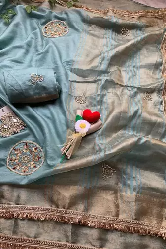 Sky Blue Color weaving jacquard border and sequence lace border Satin saree