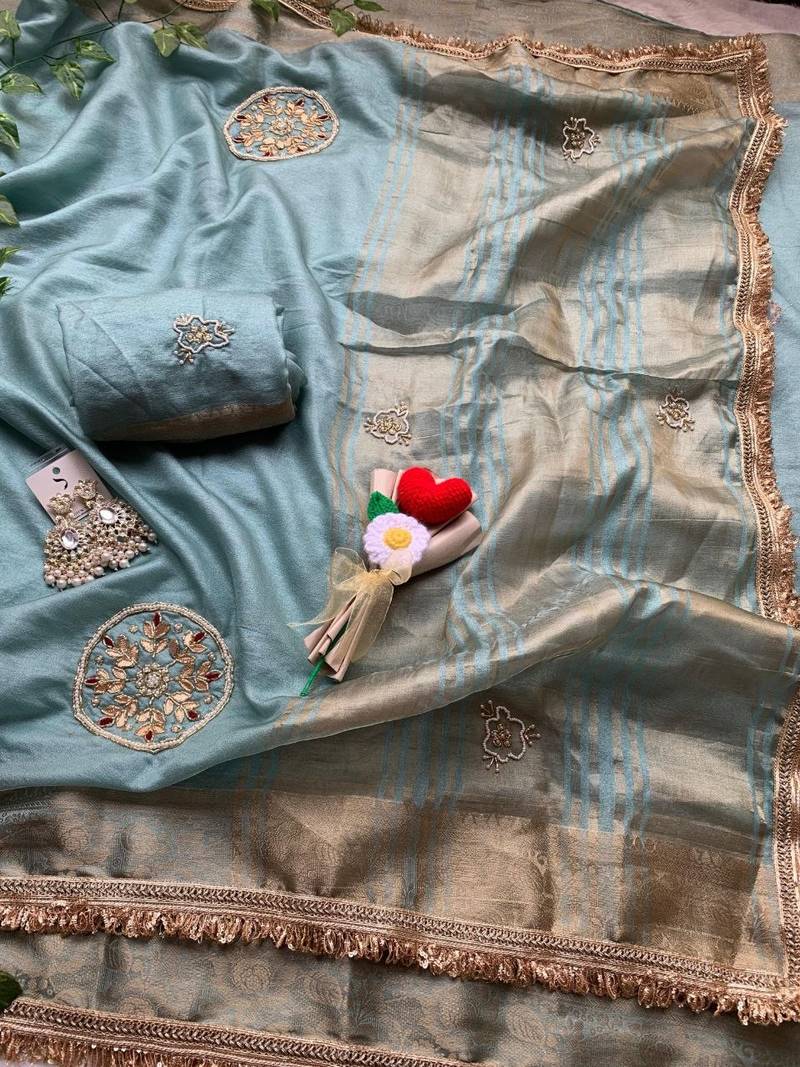 Sky Blue Color weaving jacquard border and sequence lace border Satin saree
