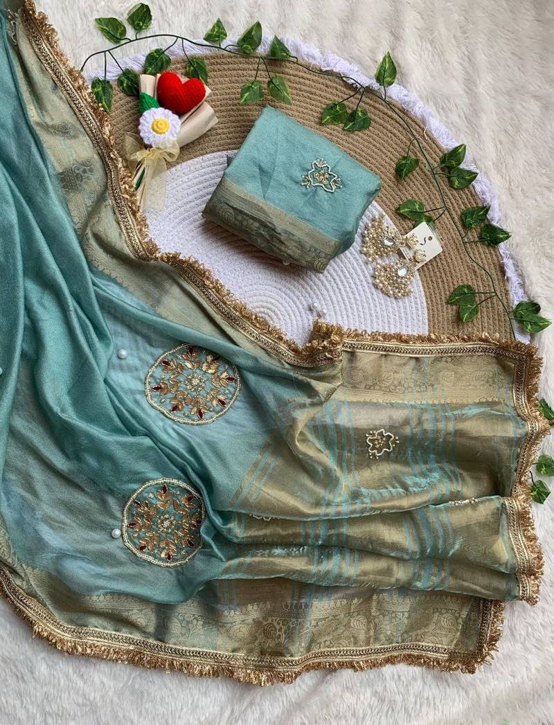 Sky Blue Color weaving jacquard border and sequence lace border Satin saree