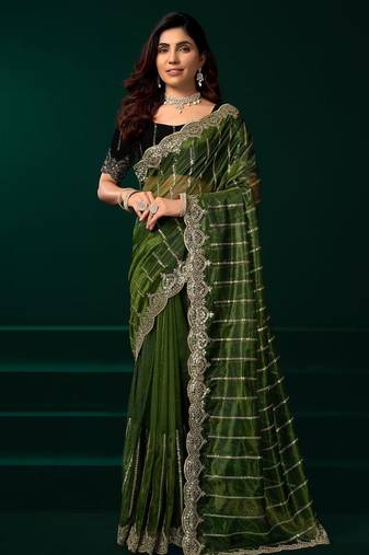 Green embroidered embellished bollywood net saree with blouse