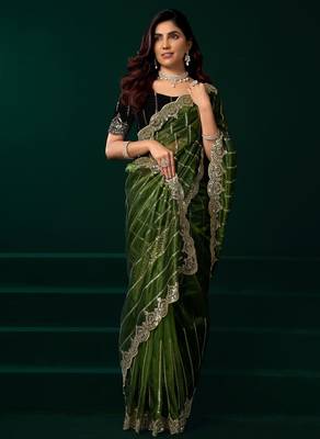 Green embroidered embellished bollywood net saree with blouse 2