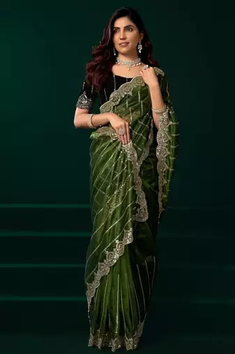 Green embroidered embellished bollywood net saree with blouse