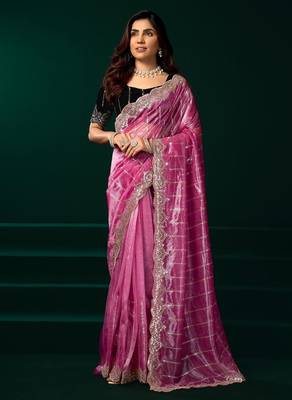 Light pink embroidered embellished bollywood net saree with blouse 1