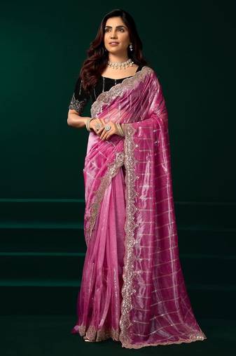 Light pink embroidered embellished bollywood net saree with blouse