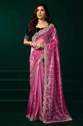 Light pink embroidered embellished bollywood net saree with blouse