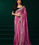 Light pink embroidered embellished bollywood net saree with blouse