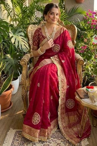 Wine Color weaving jacquard border and sequence lace border Satin saree