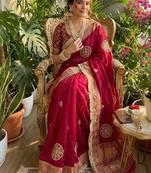 Wine Color weaving jacquard border and sequence lace border Satin saree